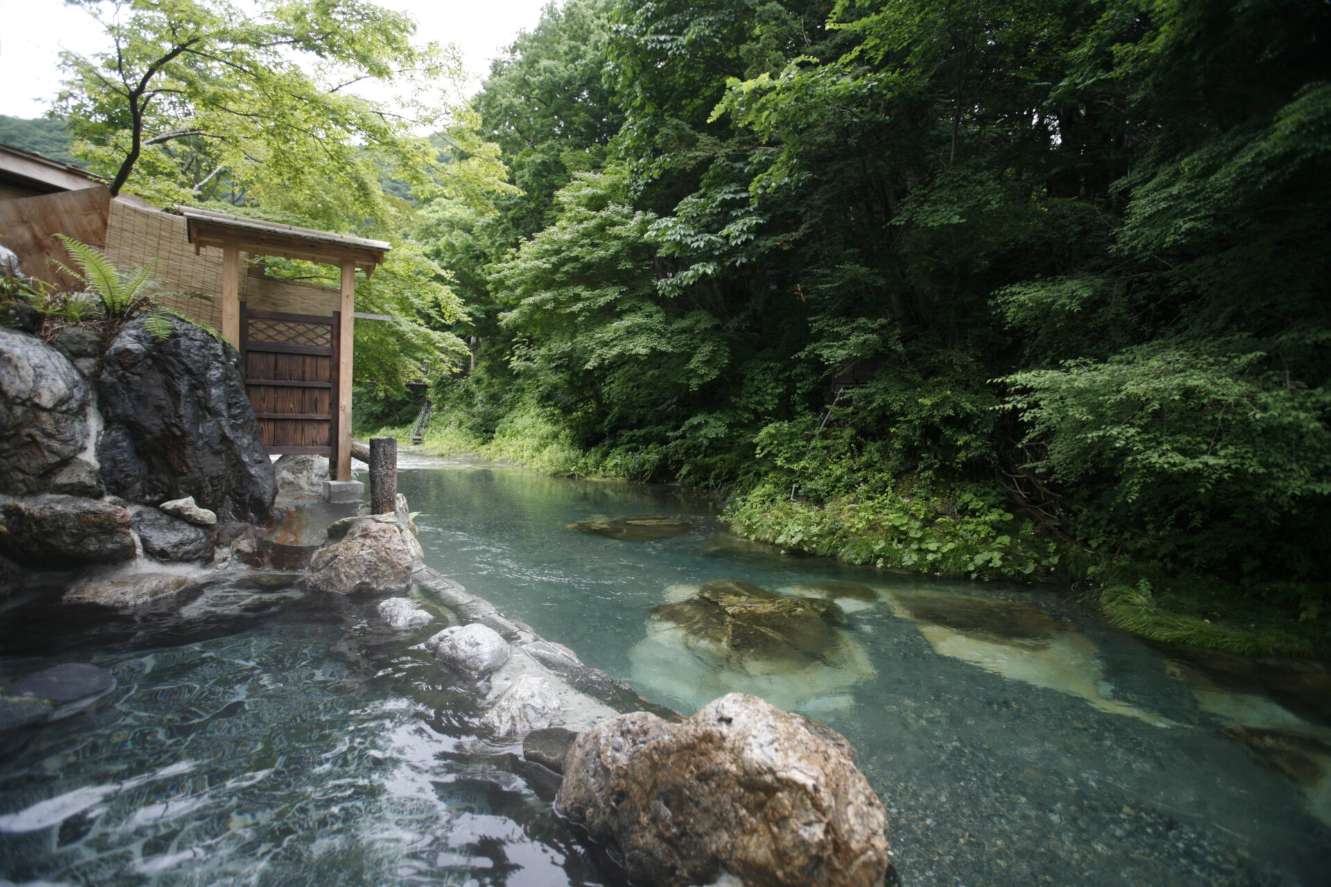 湯西川温泉 本家伴久 — 渓流沿いの露天風呂「藤鞍の湯」、緑に覆われた谷を望む湯屋