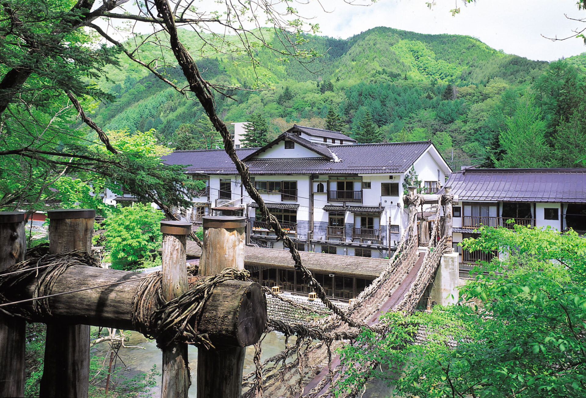 湯西川温泉 本家伴久 — 栃木県日光市 · 1666年創業、平家の落人集落に残る渓谷の老舗一軒宿の全景
