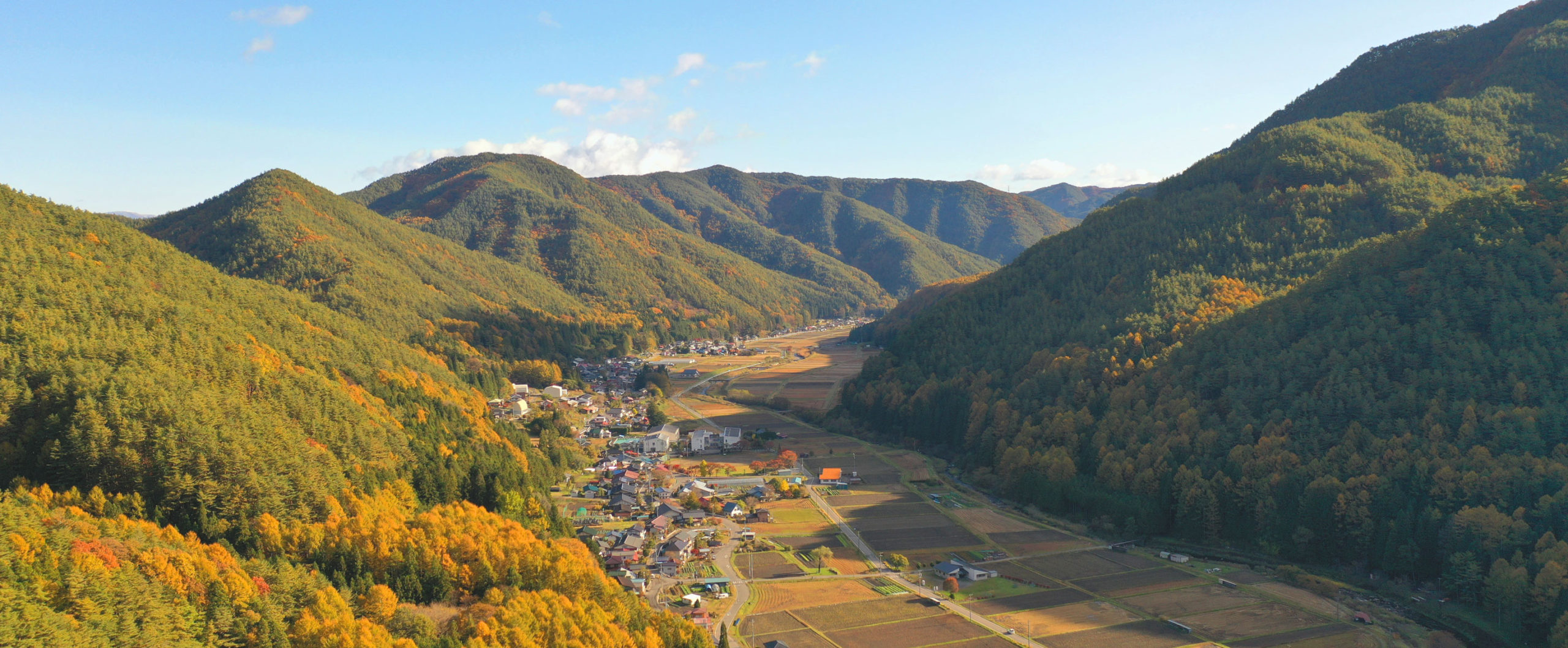 かやぶきの館 — 辰野町横川 · 日本一の大きさのかやぶき屋根を持つ本館を空撮した外観