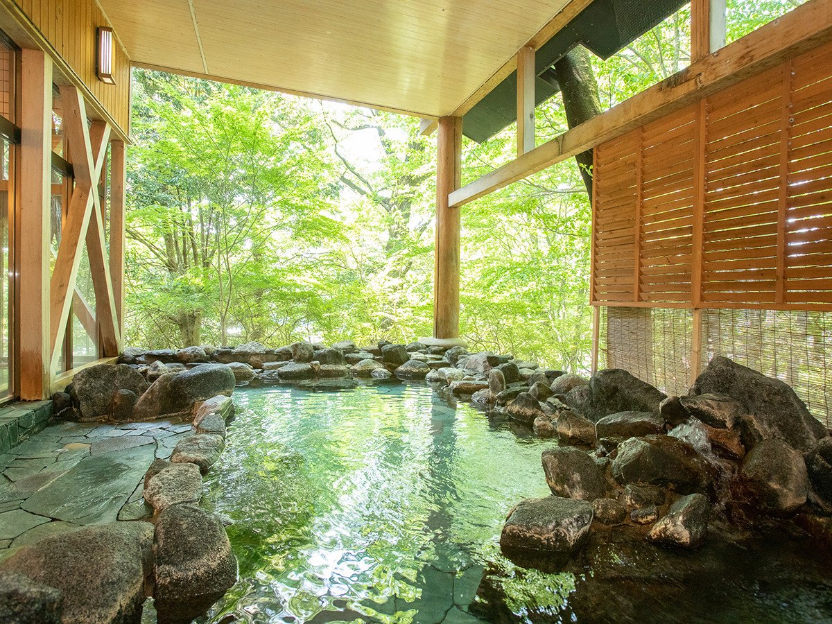 ホテル奥久慈館 — 茨城県大子町池田 · 木立に面した岩組みの露天風呂