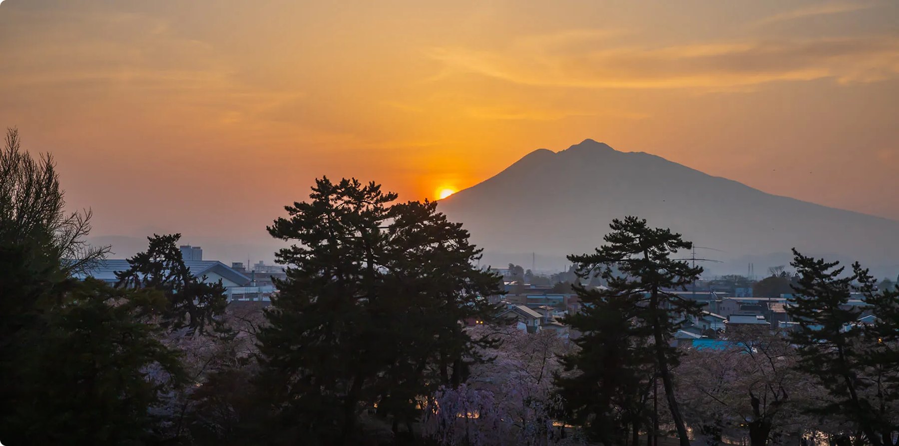 弘前パークホテル — 弘前市土手町 · 客室から望む岩木山の夕景と弘前公園の樹林