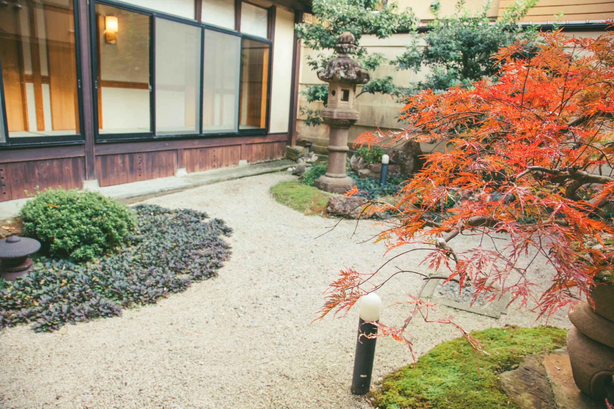 寛ぎの宿 輝雲荘 — 島根県大田市温泉津町 · 石灯籠と紅葉した楓を配した中庭、畳廊下に面したガラス戸越しの眺め
