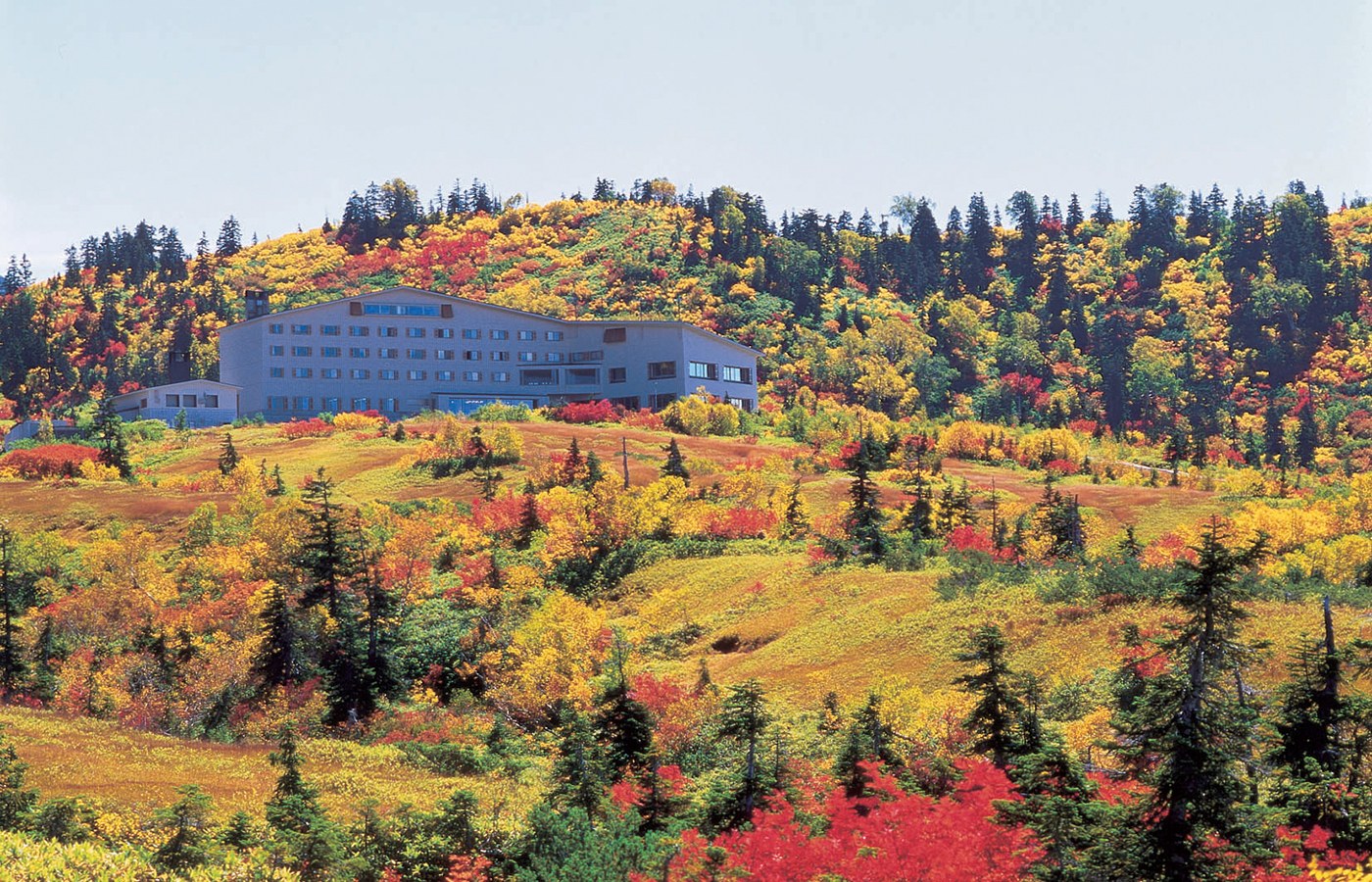 弥陀ヶ原ホテル — 富山県立山町・標高1,930mの弥陀ヶ原高原 · 紅葉に包まれた晩秋の建物遠景