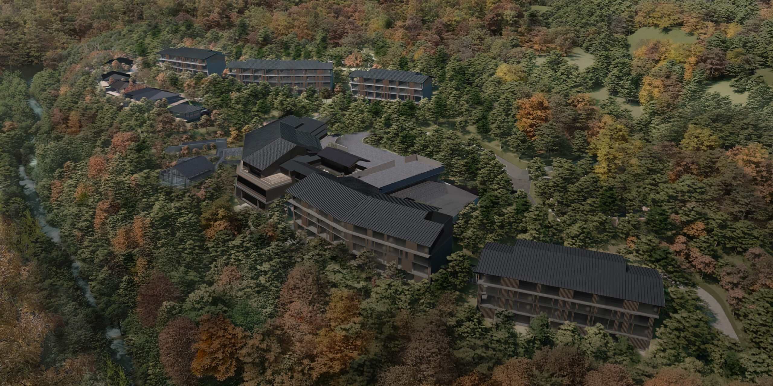 HOTEL THE MITSUI HAKONE — 約14haの敷地全景 · 蛇骨川沿いの斜面に分棟配置された客室棟とヴィラの鳥瞰イメージ