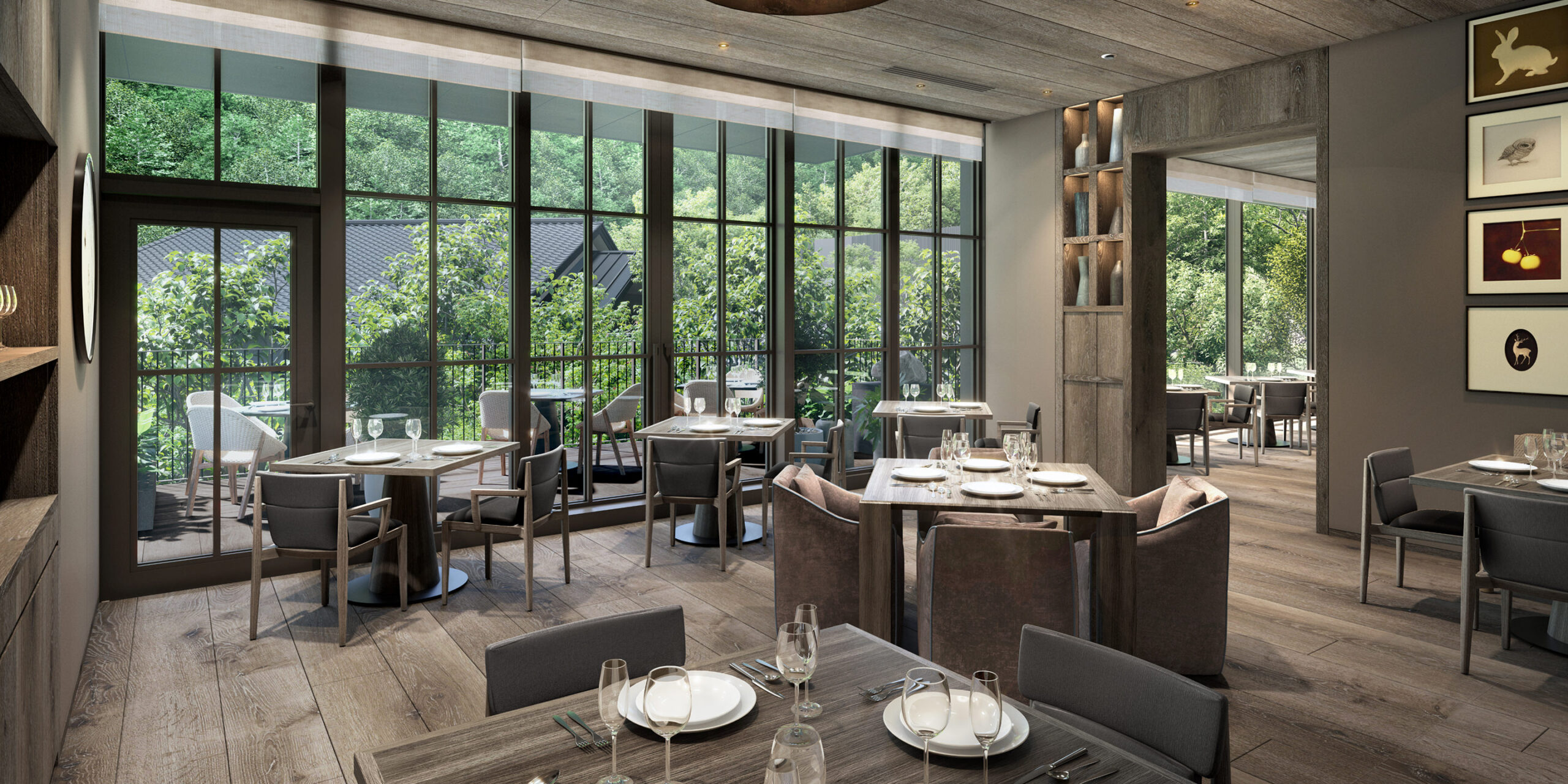 HOTEL THE MITSUI HAKONE — サーマルスプリング屋内 · 石柱の並ぶ内湯から森へ開く大開口、水着着用の温浴施設