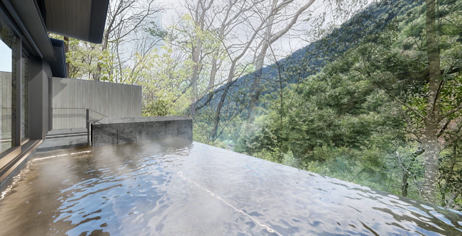HOTEL THE MITSUI HAKONE — サーマルスプリング屋外の立ち湯 · 蛇骨川の谷と浅間山の斜面に向かって開く湯面