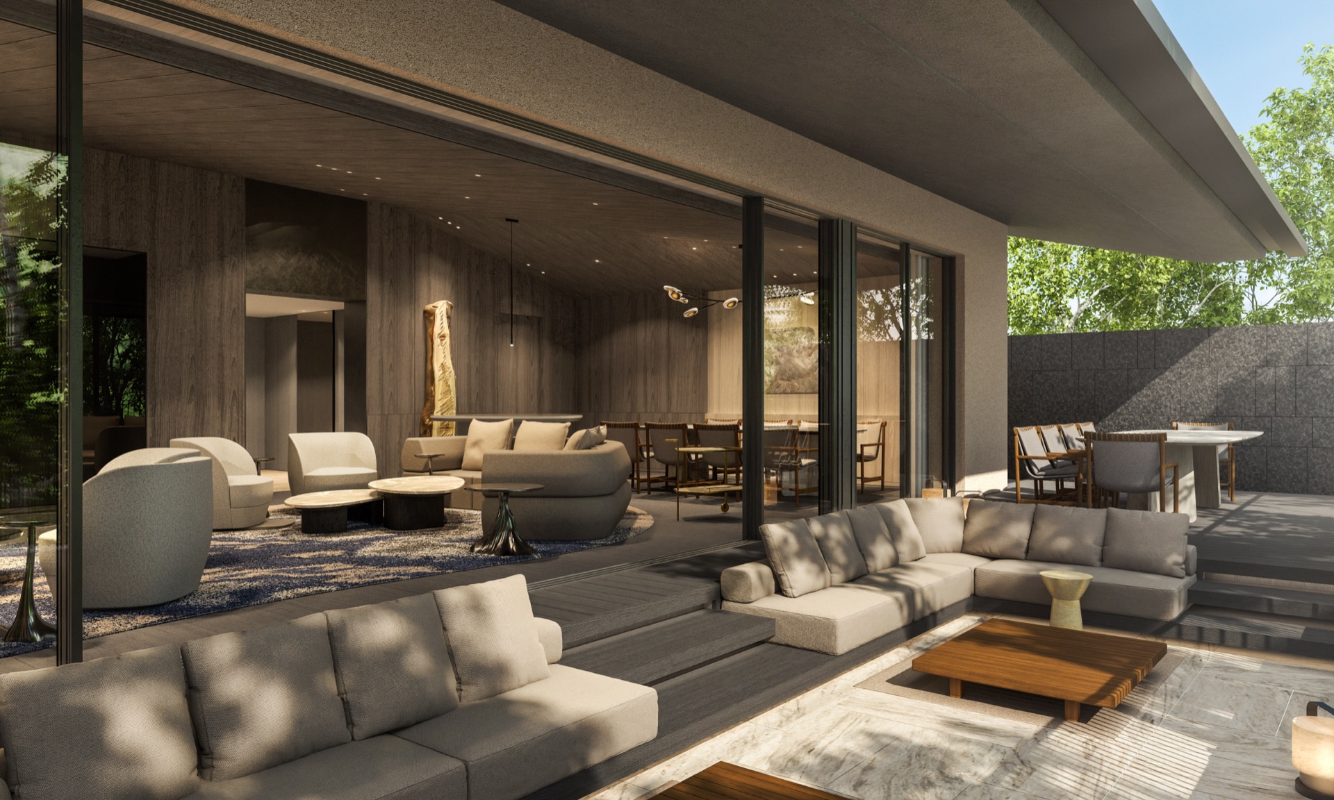 HOTEL THE MITSUI HAKONE — 蛇骨川沿いに建つ独立型ヴィラのリビング · 101〜217㎡、全5棟