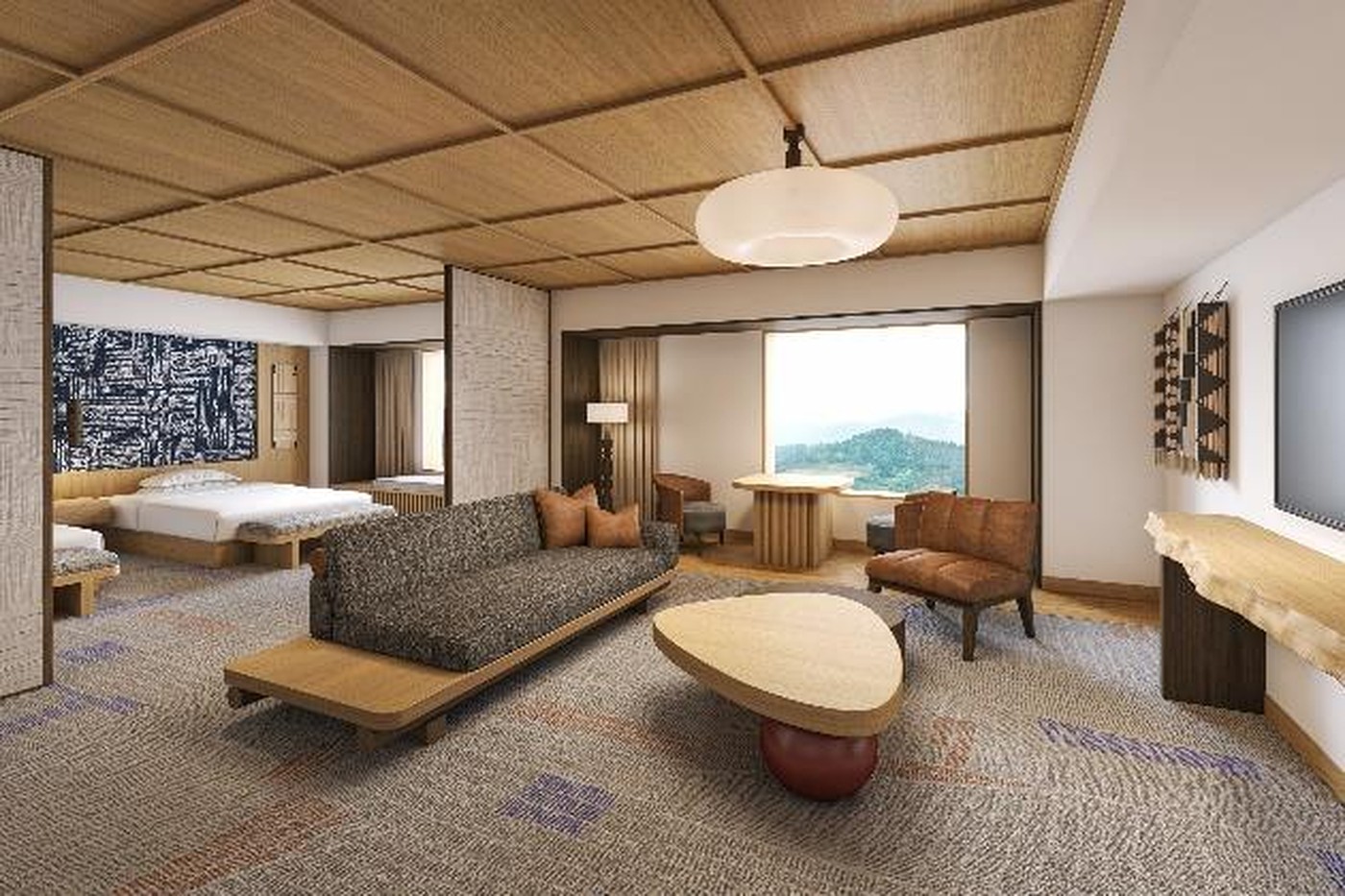 ヒルトン高山リゾート — 岐阜県高山市・プレミアムスイート（90㎡）の客室イメージ。飛騨の山並みに向く窓と木を組んだ格天井
