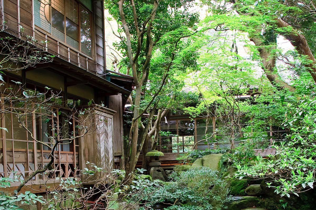 文化財の宿 福住楼 — 箱根町塔之澤 · 早川の渓谷に建つ木造三階建て数寄屋と中庭の楓