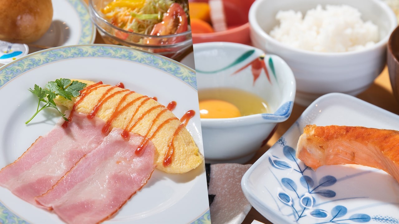 ホテルファーストシーズン — 鳴門市 · 元旅館の手作り朝食、焼き鮭と卵料理の和洋膳