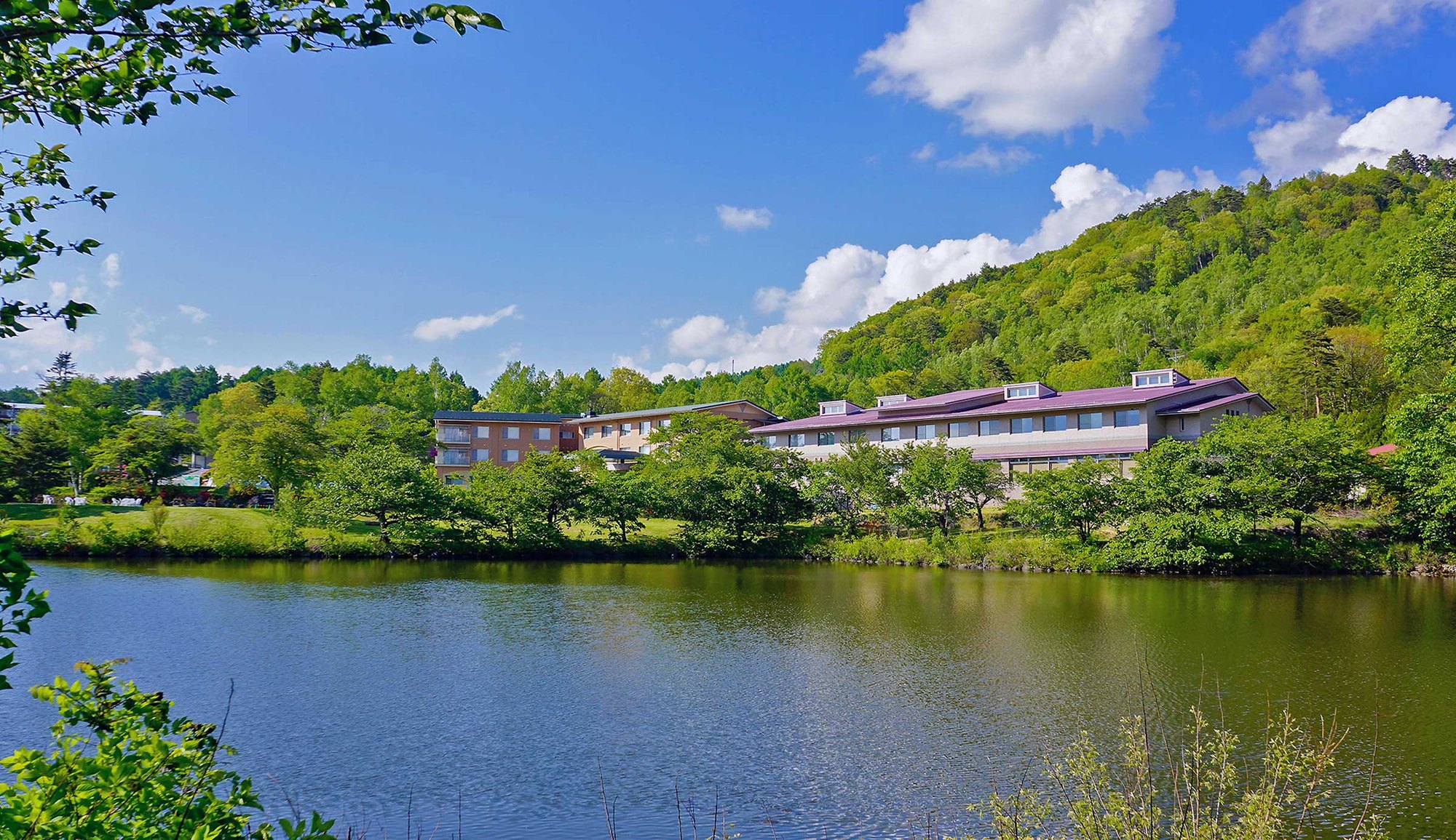 ホテル八峯苑 鹿の湯 — 長野県富士見町・富士見高原 · 標高1,250m、池と緑の丘に囲まれた建物