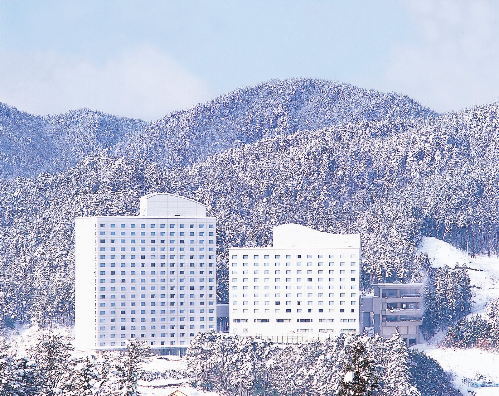 ヒルトン高山リゾート — 岐阜県高山市越後町 · 山裾に並ぶ2棟のタワーと温泉テラス棟の外観（冬景色）