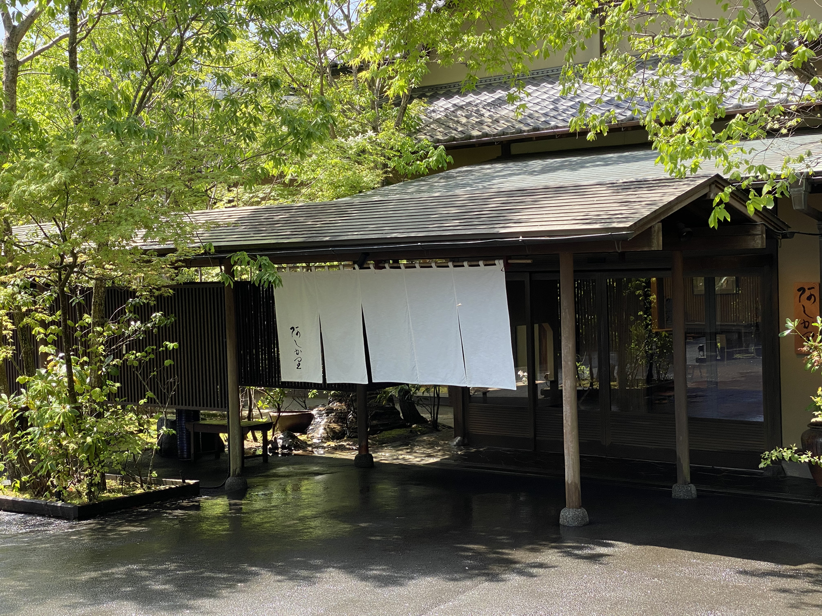 懐石旅庵 阿しか里 — 湯河原町宮上 · 新緑に包まれた数寄屋造りの玄関と白い暖簾