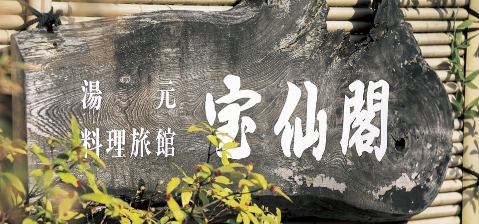 味な宿 宝仙閣 — 石川県七尾市・和倉温泉 · 温泉街の中央に建つ22室の料理旅館、玄関脇の木製看板