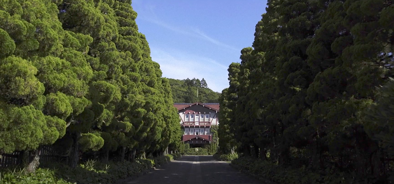 雲仙観光ホテル — 長崎県雲仙市小浜町雲仙 · 1935年開業、並木の奥に建つスイスシャレー様式の登録有形文化財
